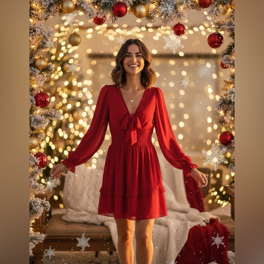 DOKOTOO MINI Red V Neck Front Long Tie Lantern Sleeve Ruffle Dress Size Medium